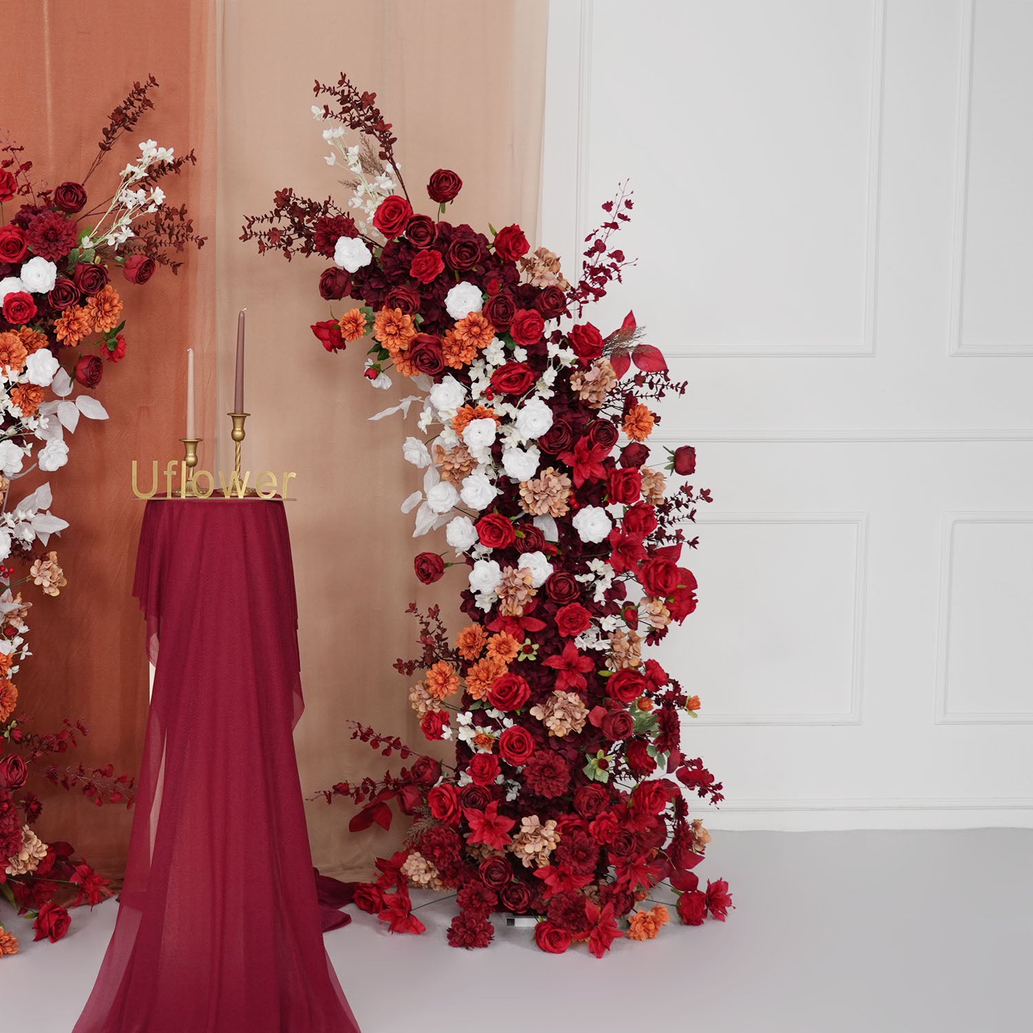 Uflower Autumn Red Rose Floral Arrangement Horn Arch Wedding Backdrop Decor